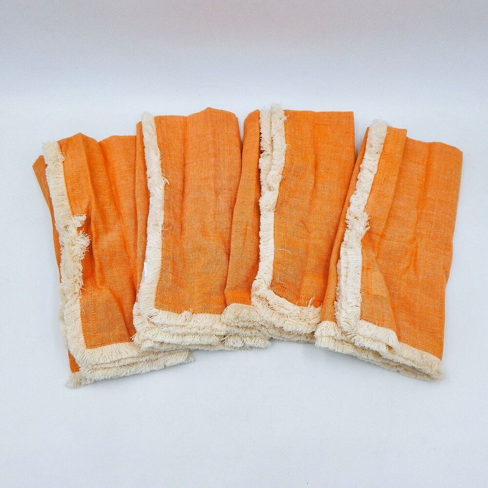 Pier 1 Imports Cloth Napkins Set of 4 20x20 Peach White Fringe 100% Cotton India